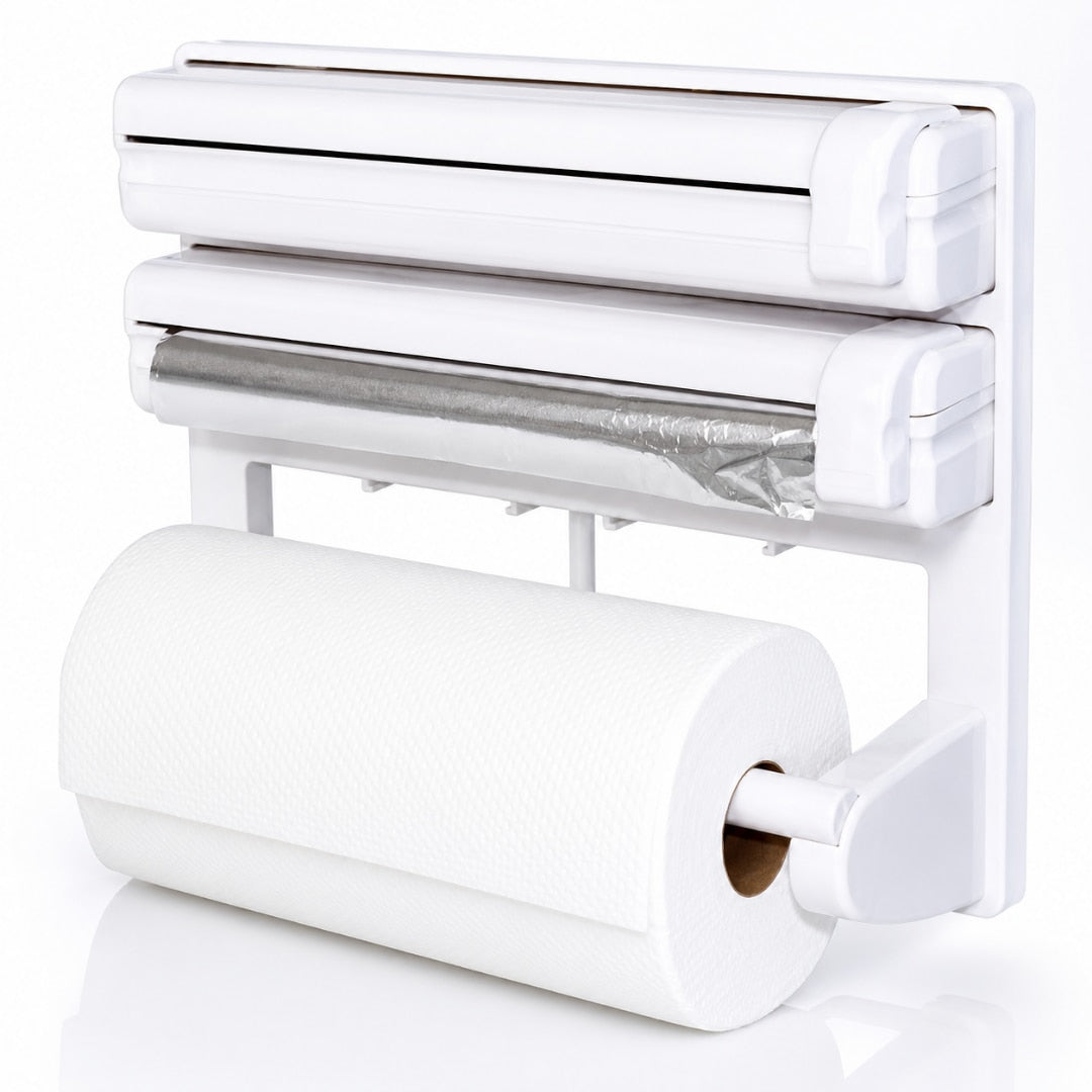 Dispenser Triplu de Bucatarie Sosar® pentru Hartie Folie Alimentara si Folie Aluminiu Suport Perete cu Taiere Usoara Organizator Bucatarie