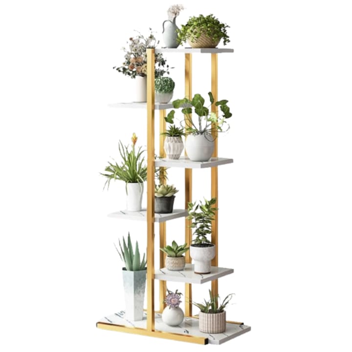 Suport ghivece flori si plante Macvi® cu 6 rafturi, design modern alb si maro, cadru metalic stabil, 113x60x20 cm, pentru interior si exterior