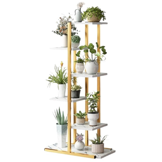 Suport ghivece flori si plante Macvi® cu 6 rafturi, design modern alb si maro, cadru metalic stabil, 113x60x20 cm, pentru interior si exterior