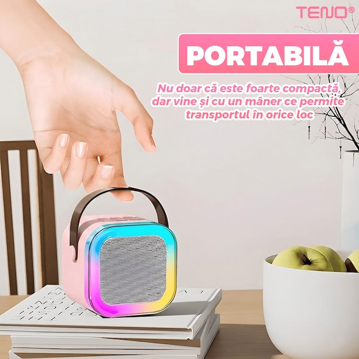 Boxa Portabila Teno®, karaoke, 2 microfoane, 4 porturi, wireless, RBG, Roz