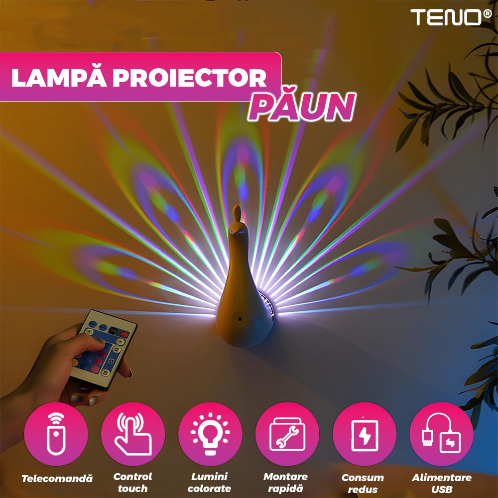 Lampa Proiector Teno®, model paun, alimentare la retea USB, lumini LED, diverse moduri de iluminare, montare usoara, control prin telecomanda/touch, temporizator, alb