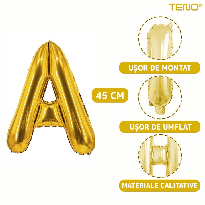 Set 12 Baloane Teno®, Litere, pentru Petreceri/Aniversari/Evenimente, o singura dimensiune, o culoare, metalizate, folie, model BINE ATI VENIT auriu, 45 cm