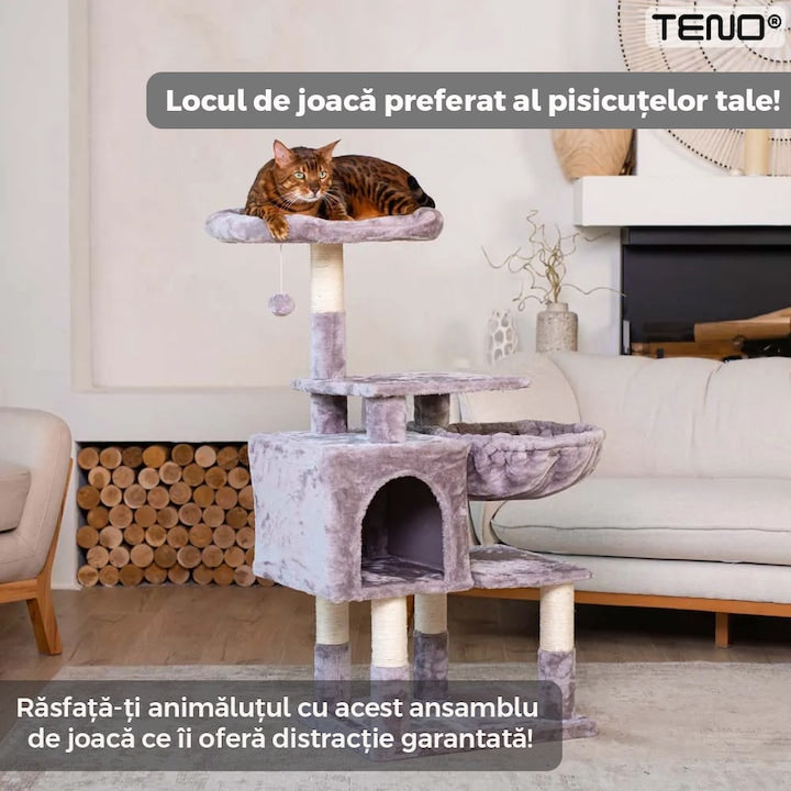 Ansamblu de Joaca pentru Pisici Teno®, cu 3 platforme de observatie, 3 niveluri, 1 casuta, franghie si minge de joaca, stalpi pentru zgariat, captuseala extra moale, structura stabila, 110 cm, gri