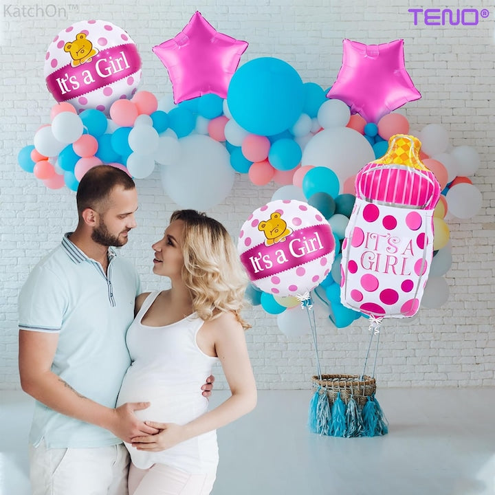 Set 7 Baloane Teno®, pentru Petreceri/Evenimente, bebe, biberon, caciulita, confetti, model GENDER REVEAL, multicolor