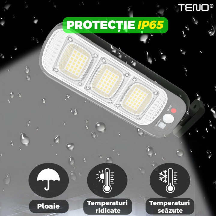 Lampa Solara Stradala 72 LED-uri Teno®, control prin telecomanda, senzor de miscare, 3 moduri de iluminare, protectie IP65, Waterproof, exterior, negru