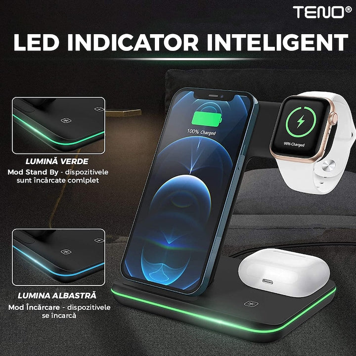 Incarcator Wireless Teno®, Statie de Incarcare 3in1, LED indicator inteligent, Fast Charge, incarcare rapida, compatibilitate universala, negru