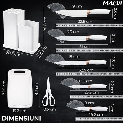 Set Ustensile Bucatarie Macvi® 19 Piese Silicon Termorezistent si Bambus, Cutite Inox, Suport Organizator Compact, Design Alb Elegant