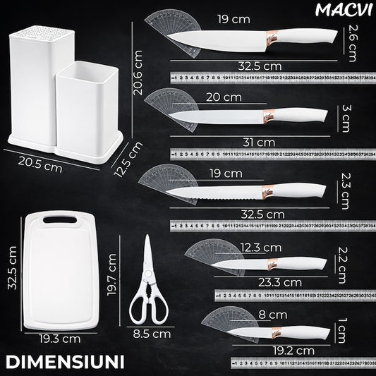 Set Ustensile Bucatarie Macvi® 19 Piese Silicon Termorezistent si Bambus, Cutite Inox, Suport Organizator Compact, Design Alb Elegant