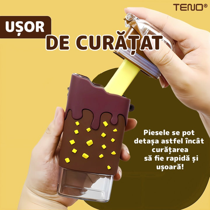 Sticla de Apa pentru Copii Teno®, forma de inghetata cu alune, fara BPA, anti-scurgere, usor de curatat, pai incorporat, pentru copii, 300 ml, maro
