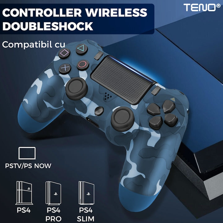 Controller Wireless DoubleShock Teno®, compatibil cu PS4, joystick-uri analog, vibratie dubla, baterie performanta, cammouflage blue