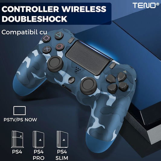 Controller Wireless DoubleShock Teno®, compatibil cu PS4, joystick-uri analog, vibratie dubla, baterie performanta, cammouflage blue