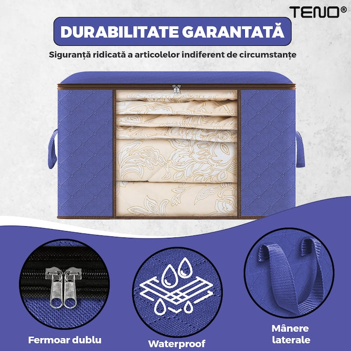 Cutie Depozitare si Organizare Teno®, pliabila, maner ranforsat si fereastra transparenta, pentru haine/paturi/ plapumi/ perne/ lenjerii de pat/jucarii, 84 L, 60x 40x 35 cm, albastru