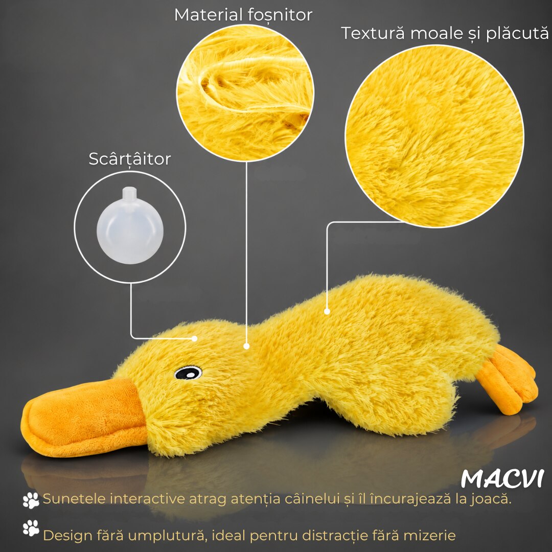 Jucarie interactiva caini Macvi®, rata colorata, 38 x 23 cm, squeaky, anti stres, plus rezistent, pentru joaca si ros, galben