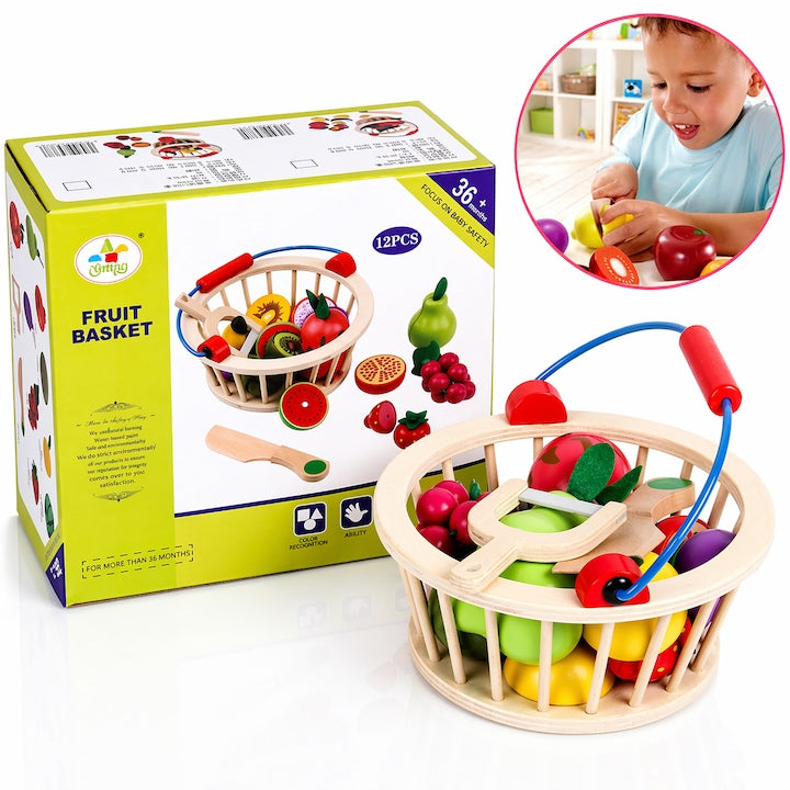 Set Jucarie Educativa Cos cu Fructe din Lemn, Macvi, Magnetic, 12 Piese, 17x14x9cm