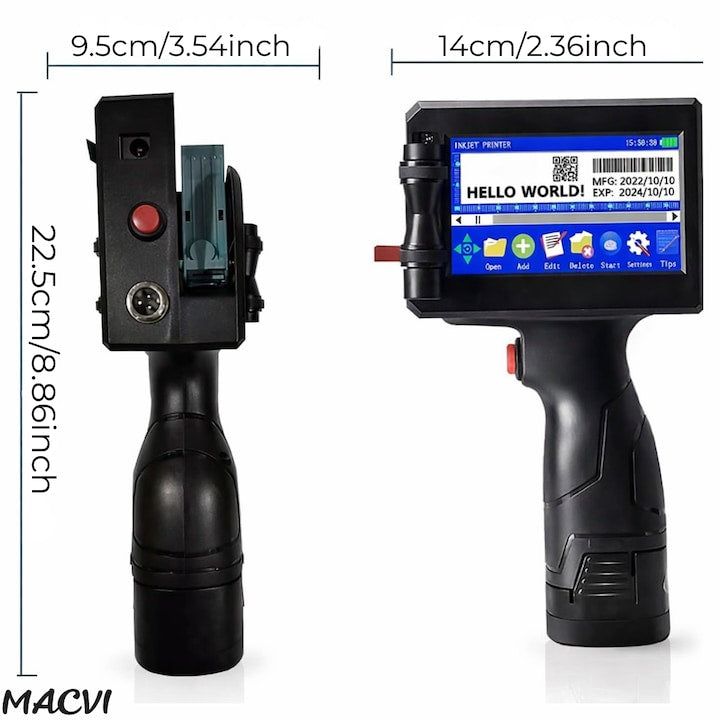 Imprimanta termica portabila Macvi®, wireless, 12.7 mm, cerneala HP originala, coduri QR, coduri de bare, date variabile, multifunctionala