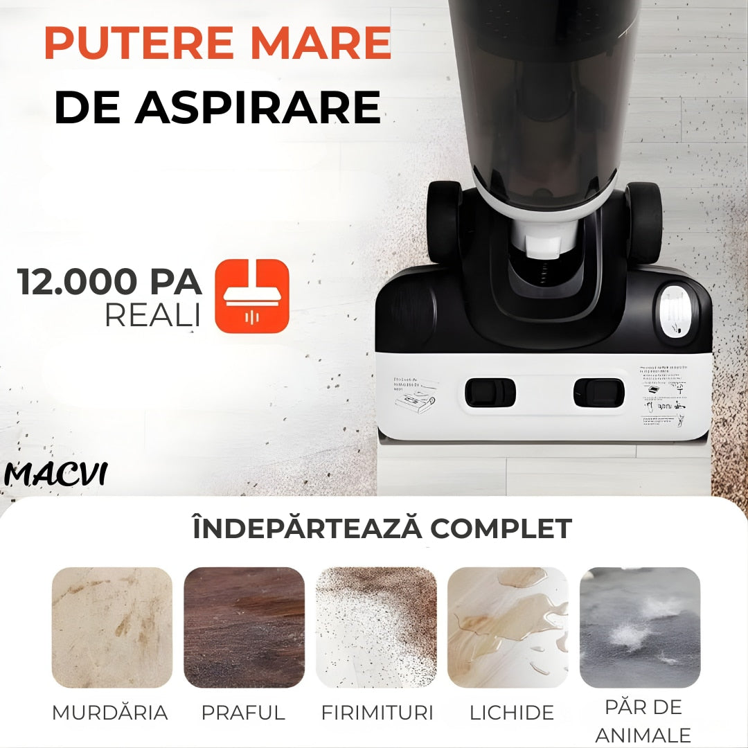 Aspirator Vertical cu Spalare Macvi® OZ01 Pro Fara Fir Autocuratare, Dezinfectare Apa, Putere 12000Pa, Autonomie 60 Min Ecran LED 2 Rezervoare