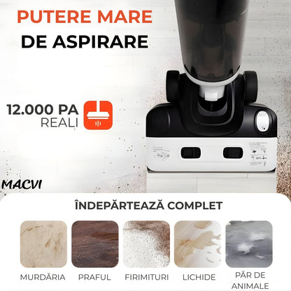 Aspirator Vertical cu Spalare Macvi® OZ01 Pro Fara Fir Autocuratare, Dezinfectare Apa, Putere 12000Pa, Autonomie 60 Min Ecran LED 2 Rezervoare