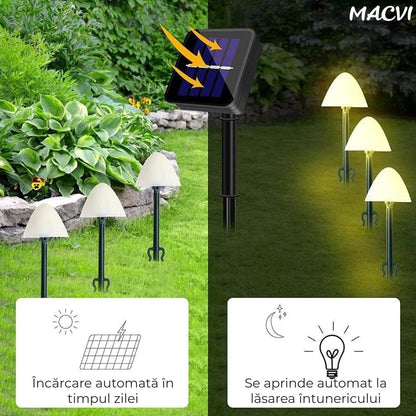 Set 10 Lampi solare gradina Macvi® alb cald IP65 rezistente la apa cablu 5 m panou solar 2V 185mA inaltime tija 18 cm diametru lampa 4.5 cm iluminat exterior alei curte terasa