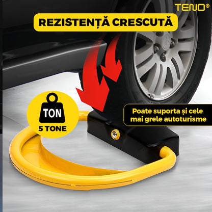 Blocator Parcare Automat Teno®, patrat, pentru loc parcare si alee, cu telecomanda si alarma, greutate suportata 5 tone, material rezistent, anti-rugina, alimentare cu acumulator, negru/galben