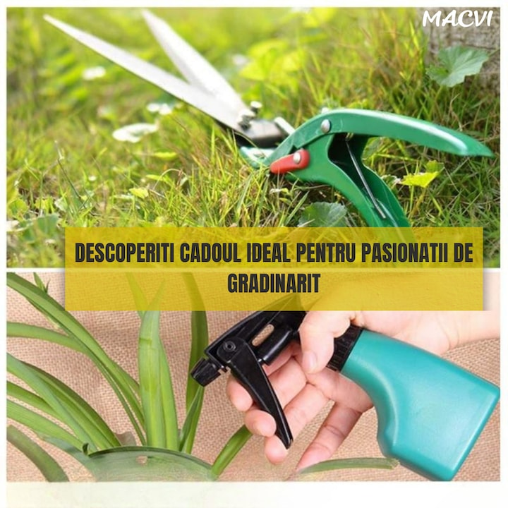 Set accesorii gradinarit Macvi® 10 piese, unelte din inox si plastic, foarfeca, lopata, pulverizator, geanta inclusa
