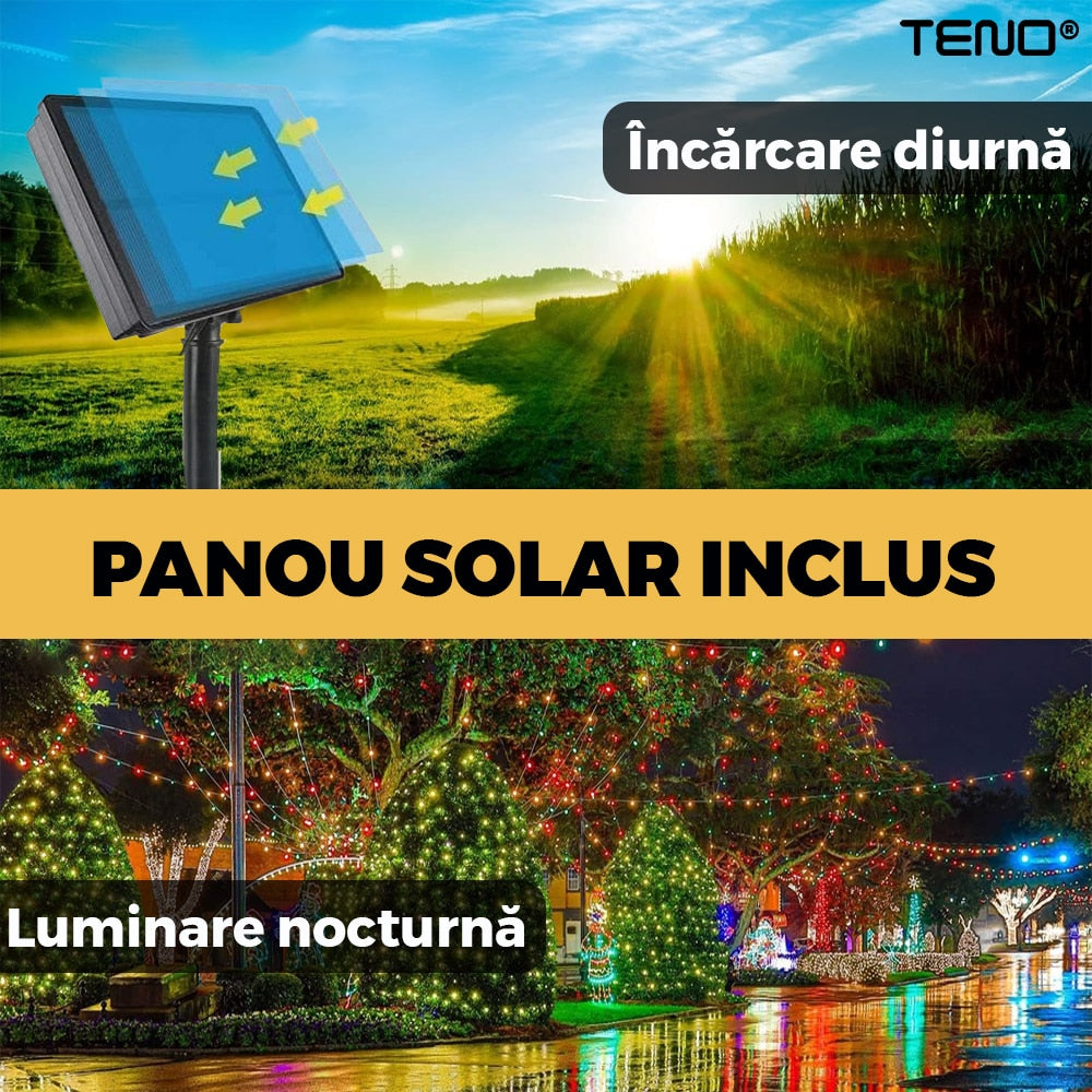 Instalatie de Craciun Liniara cu Panou Solar Teno®, 10 m, 8 jocuri de lumini, alimentare la priza, fir verde, interior/exterior, rezistenta la apa, 100 LED-uri, alb cald
