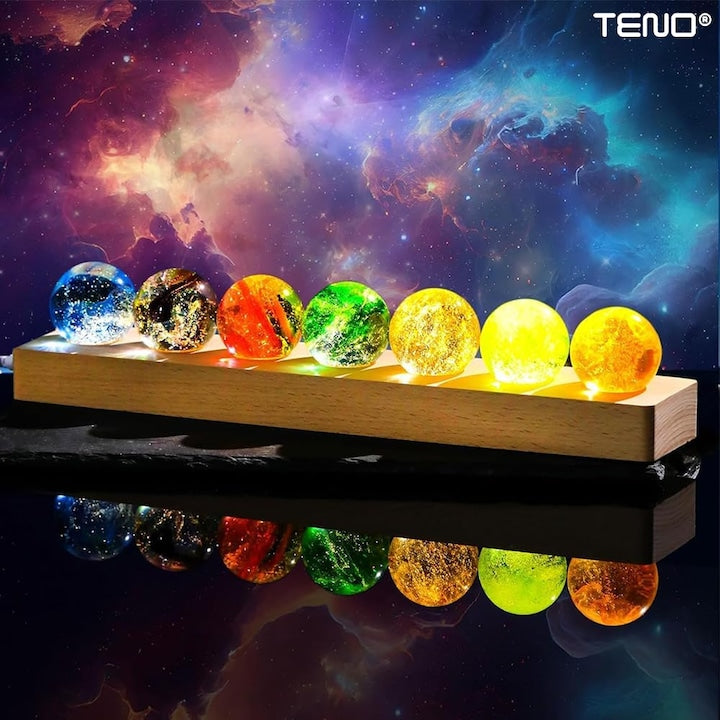 Lampa de Veghe Teno®, 7 bile de cristal, ambientala, lumini LED, suport de lemn, lumina cu protectie pentru ochi, multicolor
