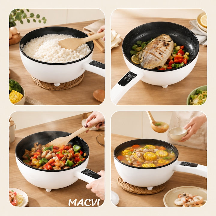 Tigaie Electrica Inteligenta Macvi® 3L, 1000W, Panou Digital Tactil, Diametru 24 cm, Strat Ceramic Antiaderent, 4 Functii de Gatire, Alb