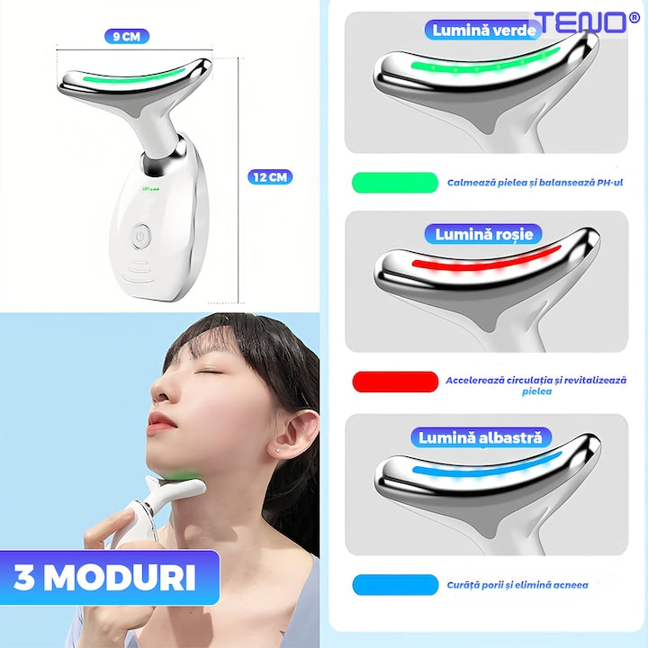 Dispozitiv Facial pentru Elinimarea Ridurilor Teno®, ingrijirea gatului, lifting, stimulare EMS, antirid, tratament LED,3 moduri de culoare, functie de incalzire, masaj, alb