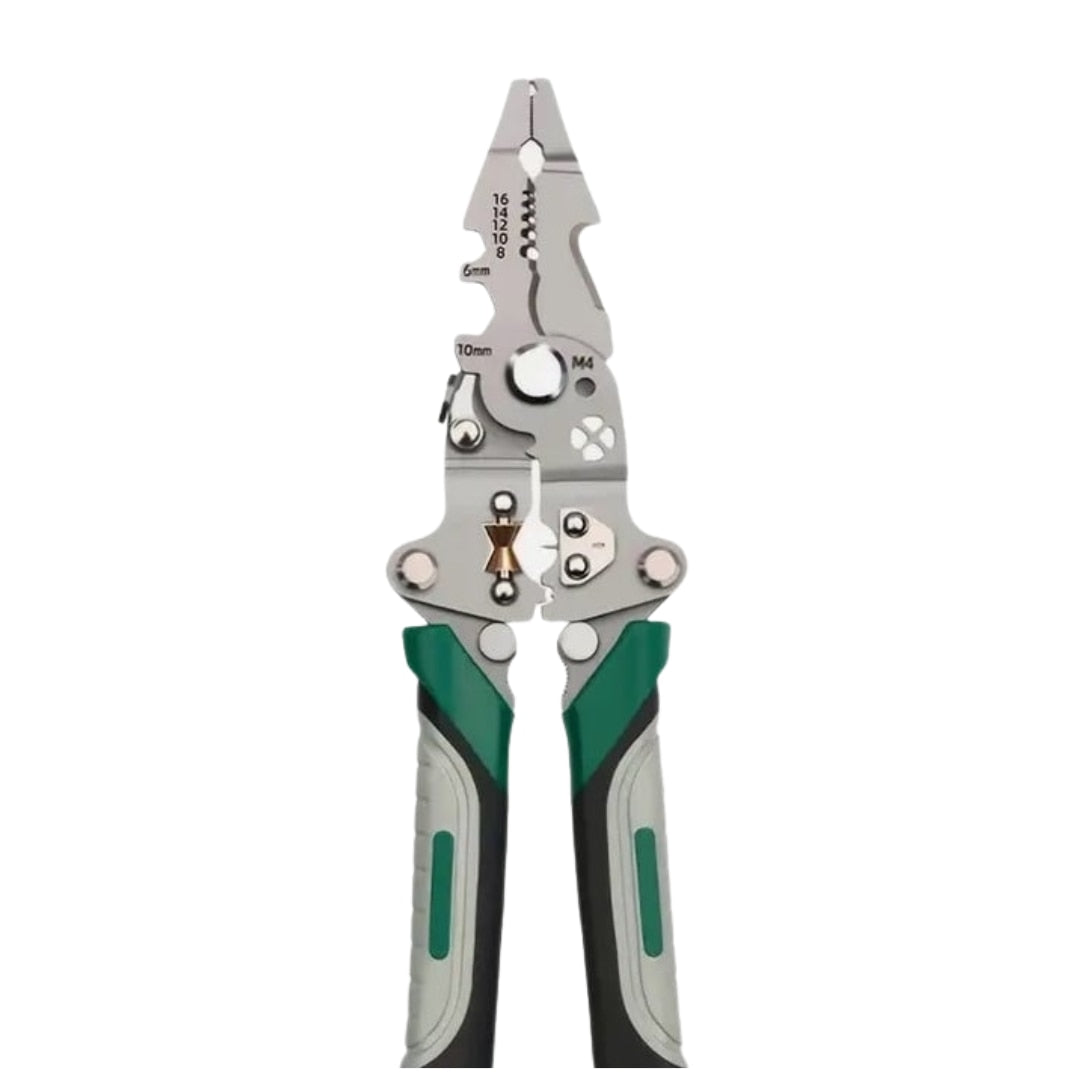 Patent multifunctional Macvi® 12-in-1 cu sertizor pentru cabluri cleste pliabil din otel pentru dezizolare, taiere si sertizare fire, design ergonomic pentru lucrari electrice