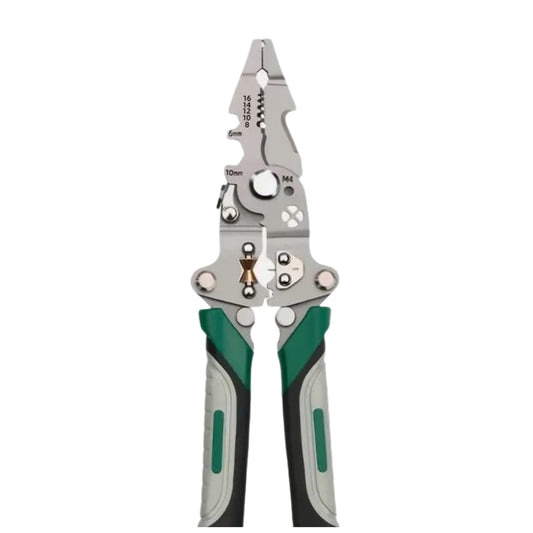 Patent multifunctional Macvi® 12-in-1 cu sertizor pentru cabluri cleste pliabil din otel pentru dezizolare, taiere si sertizare fire, design ergonomic pentru lucrari electrice