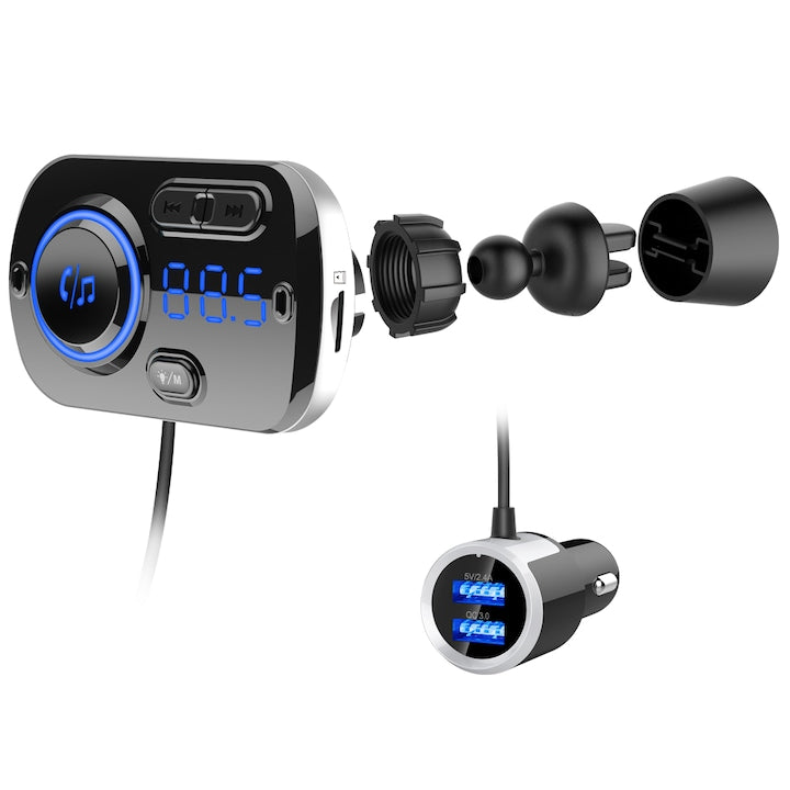 Modulator FM SeveShop 49BQ, Bluetooth 5.0, Car Kit Handsfree, Incarcare Rapida QC3.0, MP3 Player, 2 Porturi USB Dual pentru Incarcare Rapida, Suport Comenzi Vocale prin Siri/Google Asistent, Compatibil iPhone, Samsung, Android, 32GB TF Card, Negru