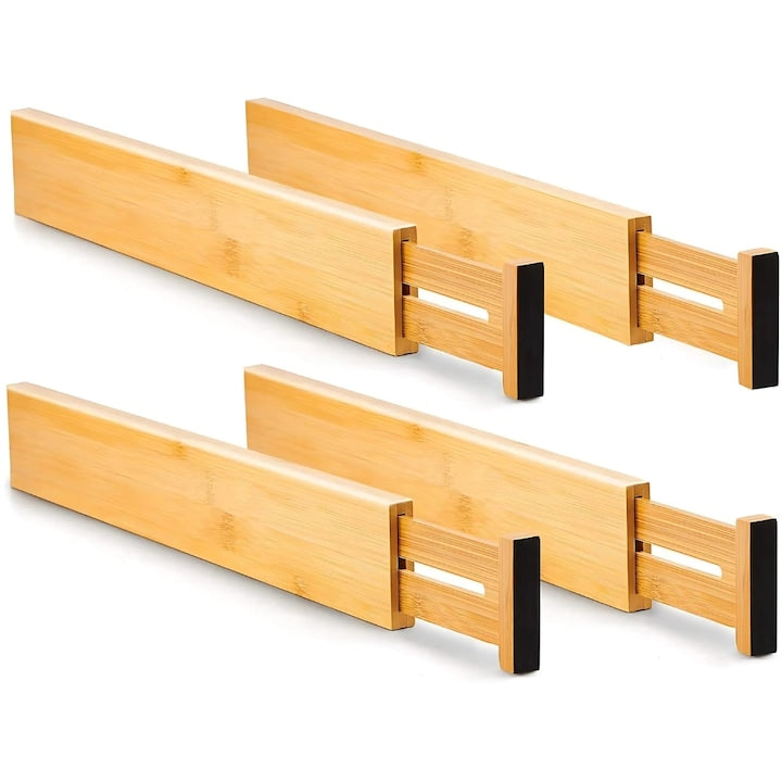 Set 4 organizatoare sertar reglabile Macvi® bambus premium, capete antiderapante, multifunctionale 35.2-44 cm