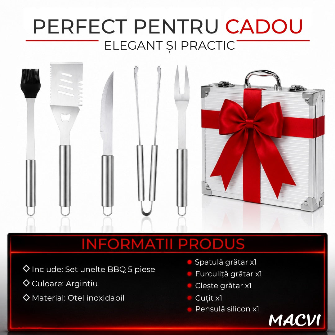 Set 5 ustensile gratar Macvi® din otel inoxidabil premium, geanta transport aluminiu captusita, accesorii pentru un gratar reusit