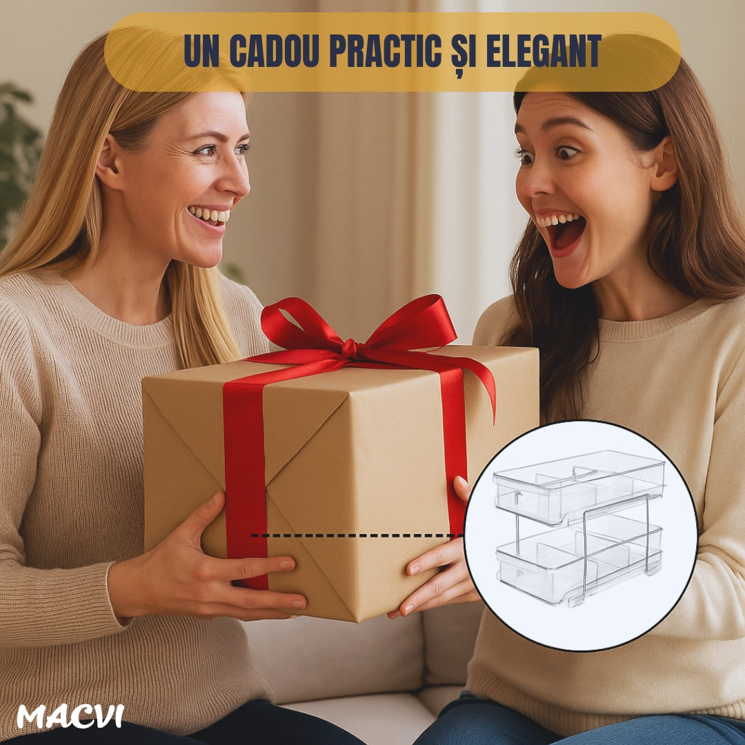 Organizator frigider Macvi® slide-out 2 nivele, transparent, sertare glisante, separatoare detasabile, 33x23x19 cm