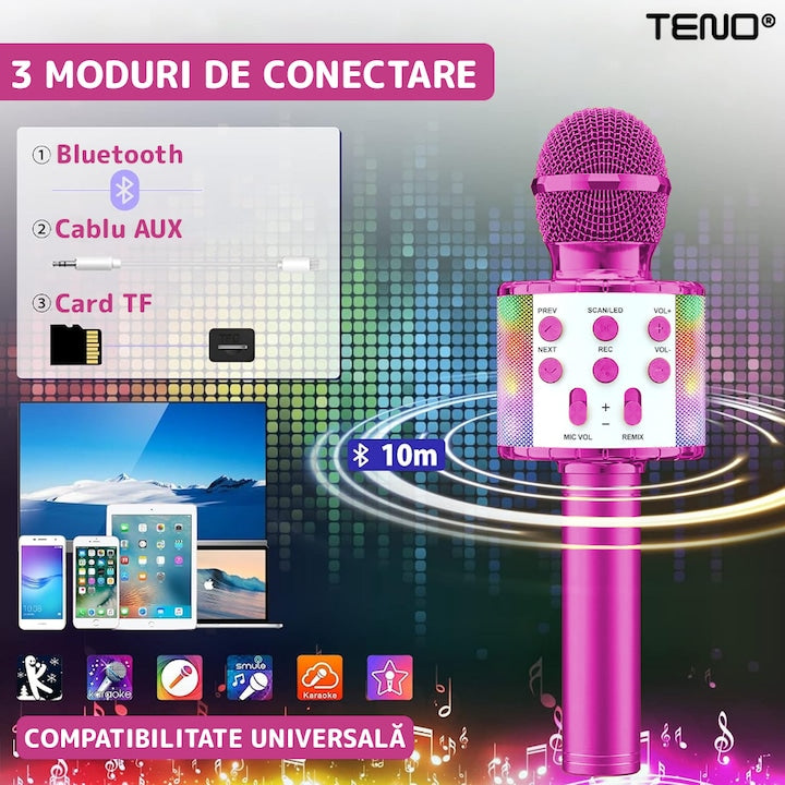 Microfon Karaoke Multifunctional pentru Copii, Teno®, boxa integrada, mod schimbare voce, stereo, slot card memorie/aux, lumini, roz