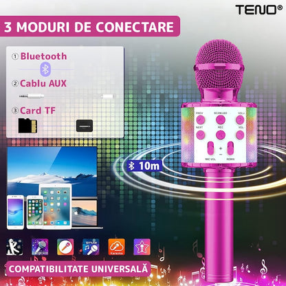 Microfon Karaoke Multifunctional pentru Copii, Teno®, boxa integrada, mod schimbare voce, stereo, slot card memorie/aux, lumini, roz