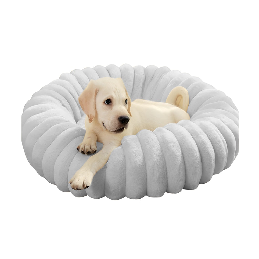 Pat Animale Teno®, captusit, moale, pufos si calduros, pentru caini si pisici, diametru 60 cm, baza anti-alunecare, design dungat, gri