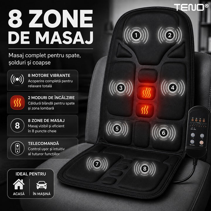 Saltea Masaj pentru Scaun Auto Teno®, 8 moduri, intensitate reglabila, functie de temporizare, pentru casa/masina, telecomanda incorporata, negru