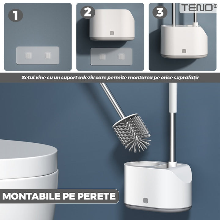 Set 2 Perii pentru Toaleta Teno ®, din silicon, perie zimtata, cap flexibil, suport adeziv pentru montarea pe perete, curata orice tip de suprafata, alb/gri