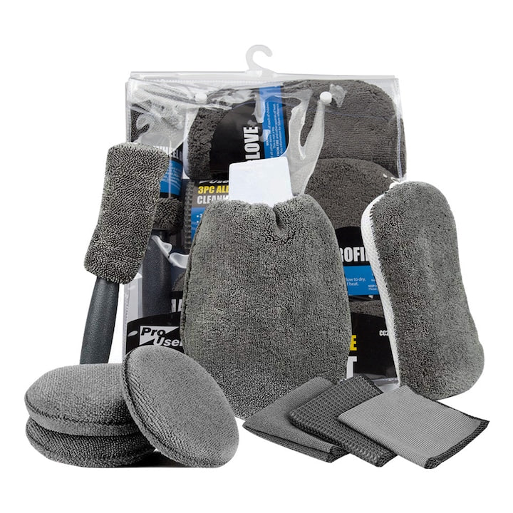 Kit pentru Curatare si Detailing Auto Teno®, interior/exterior, pamatuf, manusa, burete dublu, 3 lavete, 3 piese pentru lustruire, microfibra, gri