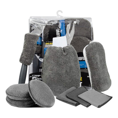 Kit pentru Curatare si Detailing Auto Teno®, interior/exterior, pamatuf, manusa, burete dublu, 3 lavete, 3 piese pentru lustruire, microfibra, gri