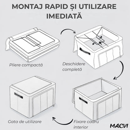 Organizator depozitare Macvi® 100 litri, cutie textila pliabila cu capac si fermoar, panou transparent pentru vizualizare si cadru metalic robust, ideala pentru haine voluminoase si depozitare