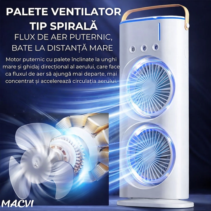 Ventilator Portabil Macvi® cu Pulverizare si Dublu Cap, Sistem de Racire cu Apa, 3 Trepte Viteza, Reglabil 360°, Alimentare USB, Ideal pentru Vara, Birou sau Exterior