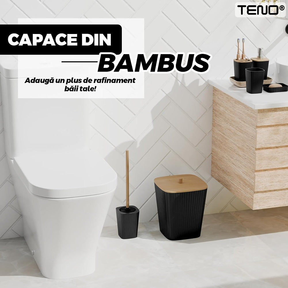 Set 5 Accesorii de Baie Teno®, dispenser de sapun, suport de periute, perie de toaleta, suport sapun, detalii din bambus, materiale rezistente, design minimalist, negru