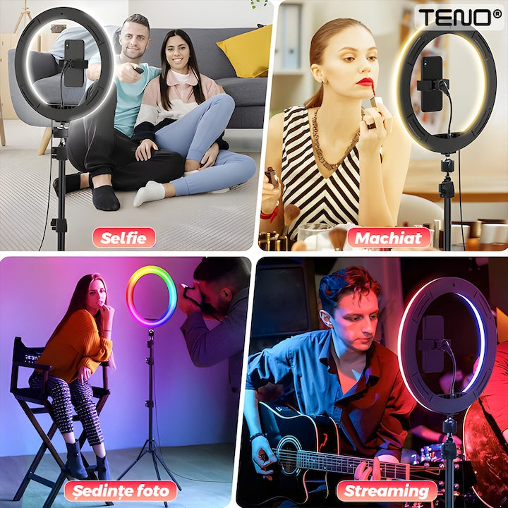 Lampa Circulara Ring Light Teno®, Diametru 35.6cm/14 Inch, moduri RGB, 10 trepte reglaj, trepied 210 cm, suport triplu telefon, compatibilitate universala, multicolor