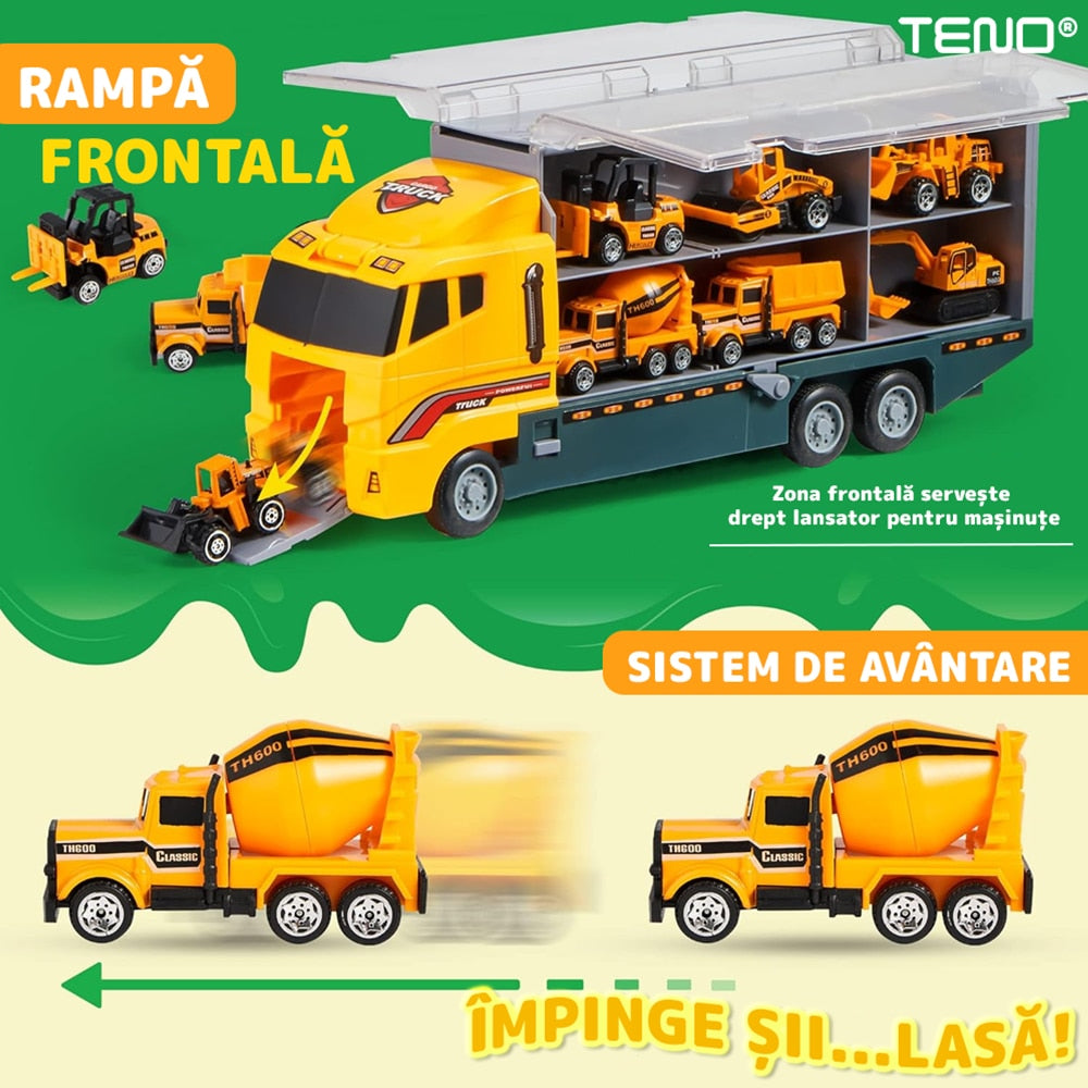 Set Camion Trailer de Jucarie pentru Transport Teno®, seria utilaje de constructie, 6 masinute incluse, bulldozer, utilaje, tir, accesorii mobile, lansator si rampa frontala, platforma tractare, galben