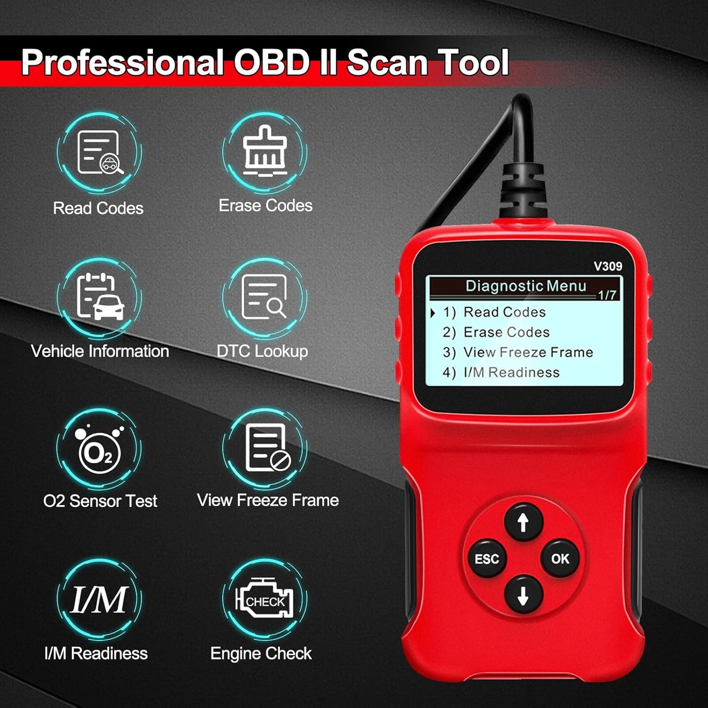 Tester auto MACVI OBD2 V309, citire/sterere coduri DTC, ecran LCD mare, plug and play