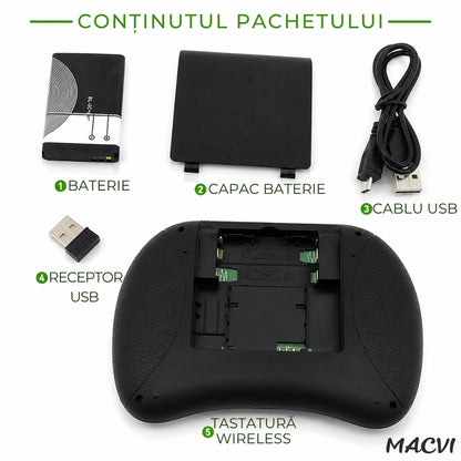 Tastatura Wireless Macvi® i8 RGB Air Mouse Touchpad Iluminata pentru Smart TV Android TV Box PC Laptop Reincarcabila