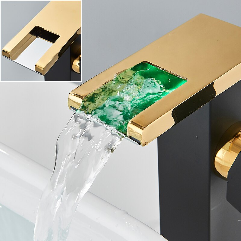 Robinet baie Macvi® LED tip cascada Negru-Auriu, premium jet RGB cu iluminare in functie de temperatura constructie din alama