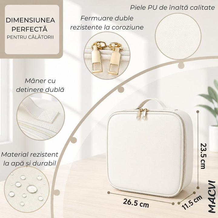 Organizator Machiaj cu Oglinda LED Macvi® 2000mAh, 3 Temperaturi Lumina, 76 LED, Compartimente Reglabile Rotire 360°, Incarcare USB, Geanta Cosmetice Impermeabila, Alb, 27x24x11 cm